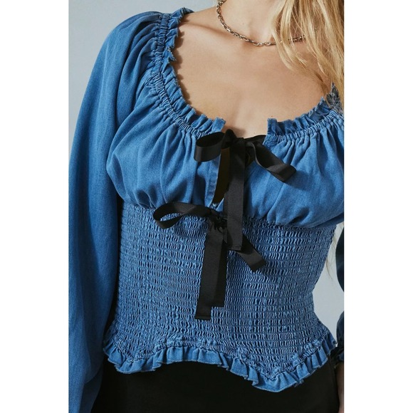 Kimchi Blue Tops - NWT Kimchi Blue Marley Denim Top Womens XL Blue Bow Smocked Coquette Cottagecore